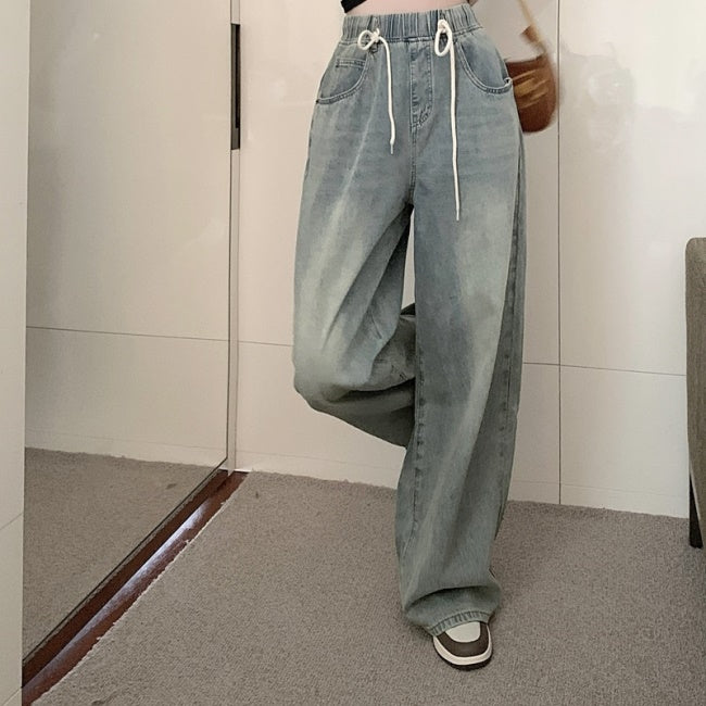 デニム ワイドパンツ レディース 韓国 ファッション ウエストコード ライトブルー ヴィンテージ デニムパンツ 春夏