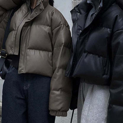エコ レザーダウンジャケット クロップド レディース 韓国 ファッション ショート丈  PUレザー  中綿 ボリューム ジャケット