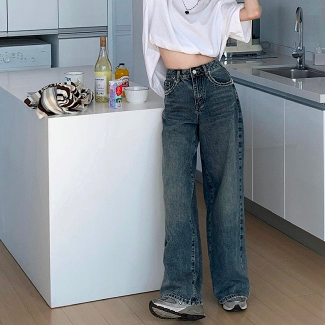 ワイド デニムパンツ レディース 韓国 ファッション モップパンツ デニム ユーズド加工 ゆったりパンツ