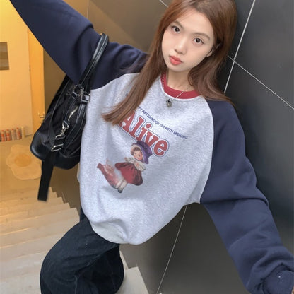 プリント ラグラン トレーナー レディース 韓国 ファッション オーバーサイズ ロゴ キャラクター プリント バイカラー  スウェット シャツ