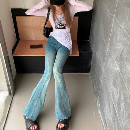 タイト フレア デニムパンツ レディース 韓国 ファッション きれいめジーンズ フロントステッチ デニム