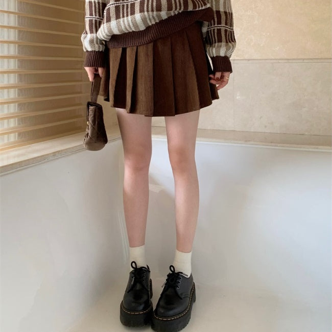 プリーツ ミニスカート コーデュロイ フレア スカート 韓国 ファッション レディース 春
