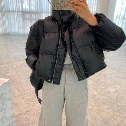 エコダウン ショートジャケット レディース クロップド丈  韓国 ファッション 冬 防寒 ボリューム 中綿 ジャケット