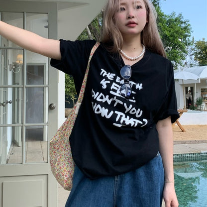 Ｔシャツ レディース 韓国 ファッション ロゴ プリント 白/黒 オーバーサイズ T 夏 半袖 トップス