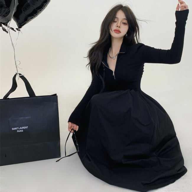 黒 ワンピース 韓国 ファッション レディース フレア Aライン ロングワンピース Vネック