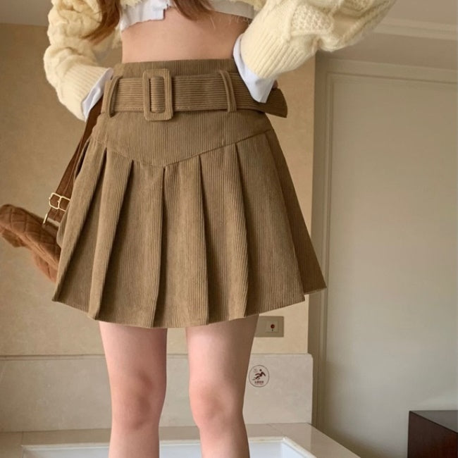 プリーツ ミニスカート コーデュロイ フレア スカート 韓国 ファッション レディース 春