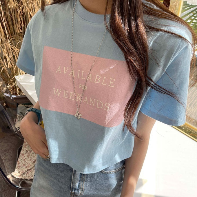 クロップ Tシャツ レディース 韓国 ファッション 夏 半袖 バイカラー ロゴ プリント メッセージ T 半袖 ゆるフィット
