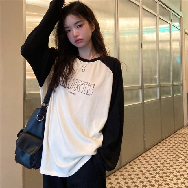 ラグラン ロングTシャツ レディース オーバーサイズ 長袖 韓国 ファッション ロゴ ロンＴ