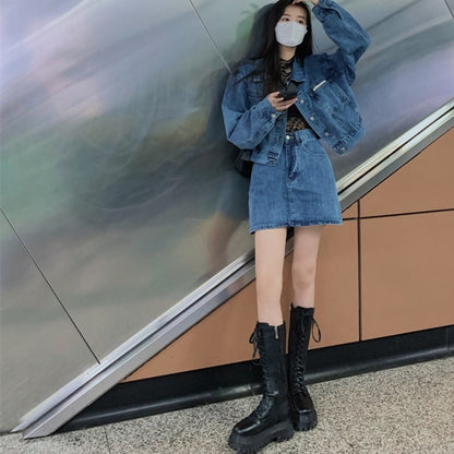 デニム セットアップ レディース 韓国 ファッション 2点セット ツーピース ボリュームスリーブ ミニスカート デニムスカート 台形 オーバーサイズ デニムジャケット