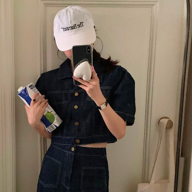 デニム セットアップ レディース 韓国 ファッション 半袖 シャツ