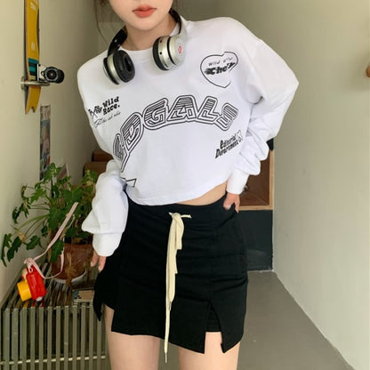 クロップド ロングTシャツ レディース 韓国 ファッション ロゴ ロンT 長袖 オーバーサイズ ショート丈 クロップトップ