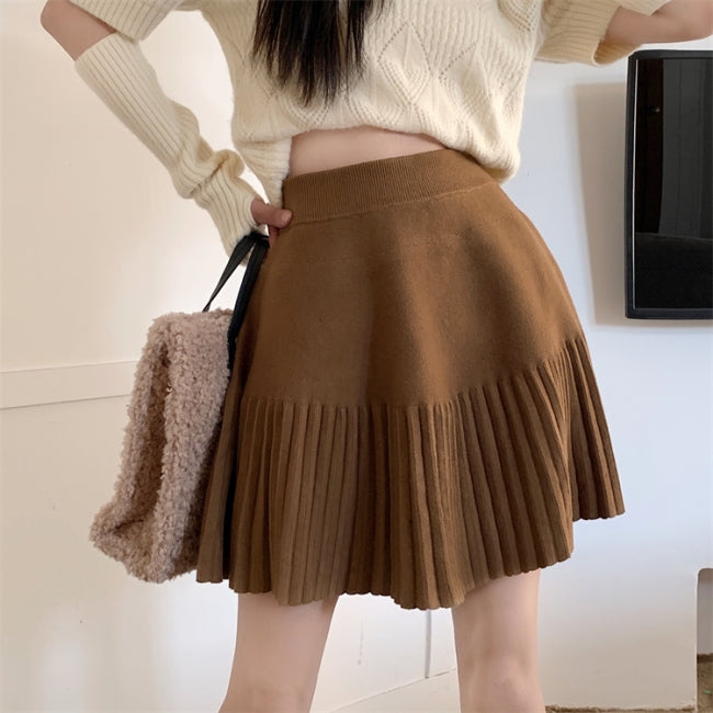 ニット ミニスカート レディース 韓国 ファッション プリーツ Aライン フレア スカート