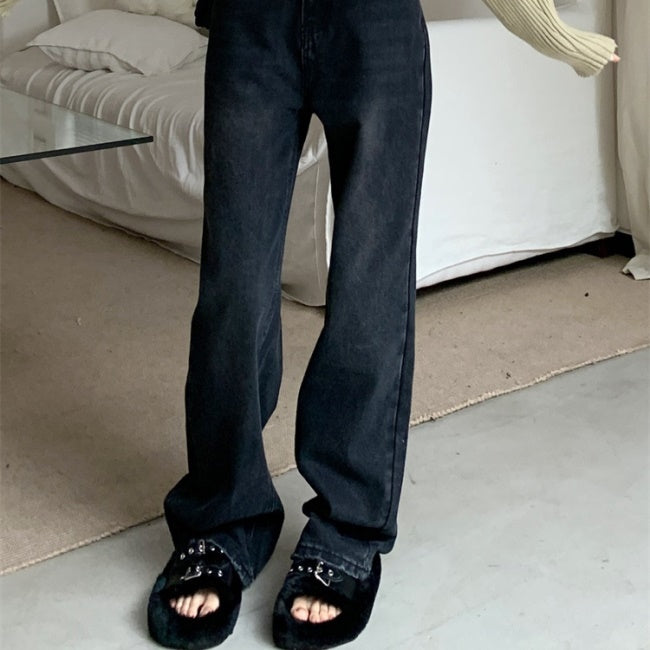 ブラックデニムパンツ レディース ワイド ストレート デニム 韓国 ファッション 黒デニムパンツ バックポケットデザイン パンツ