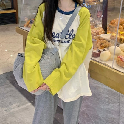ラグラン ロングTシャツ レディース 韓国 ファッション ロゴ プリント オーバーサイズ ロンＴ