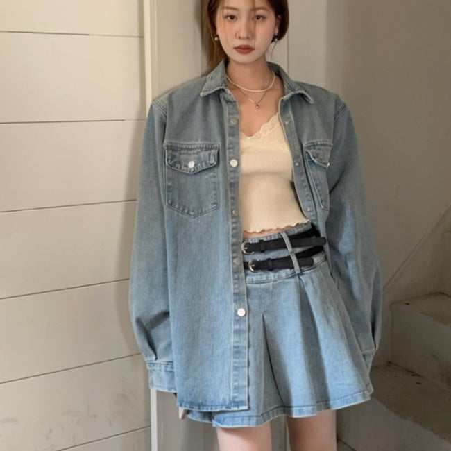 デニム セットアップ レディース 韓国 ファッション デニム ジャケット プリーツ ミニスカート 上下セット