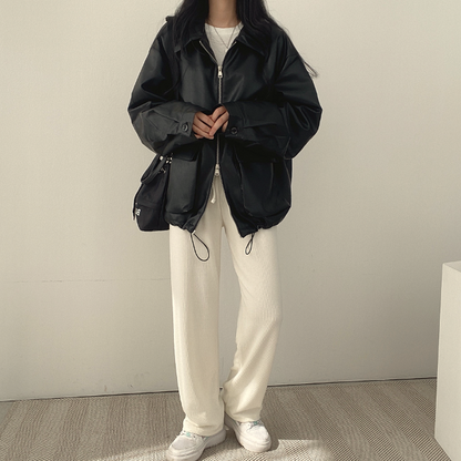 オーバーサイズ エコレザー ジャケット レディース 韓国 ファッション 秋 メンズライク フェイクレザー ブルゾン