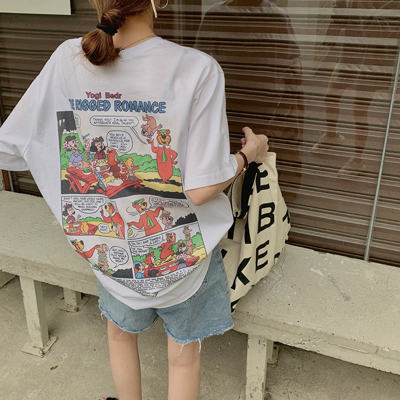 Ｔシャツ レディース バックプリント レディース 韓国 ファッション アメリカン コミック ビッグT 夏 トップス