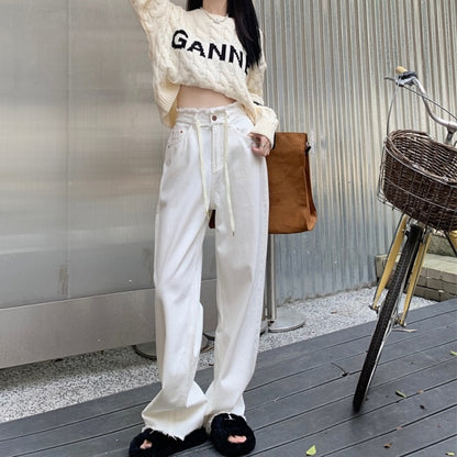 ホワイト デニム ワイドパンツ レディース 韓国 ファッション カットオフ ワイドシルエット ハイウエスト ウエストコード イージパンツ
