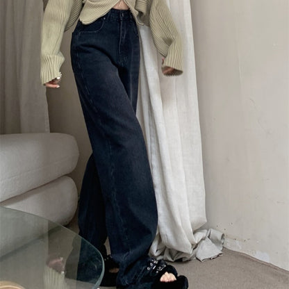 ブラックデニムパンツ レディース ワイド ストレート デニム 韓国 ファッション 黒デニムパンツ バックポケットデザイン パンツ